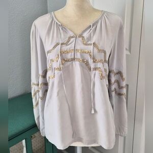 Rungolee Embroidered Sequin Boho Blouse XS Taupe Top